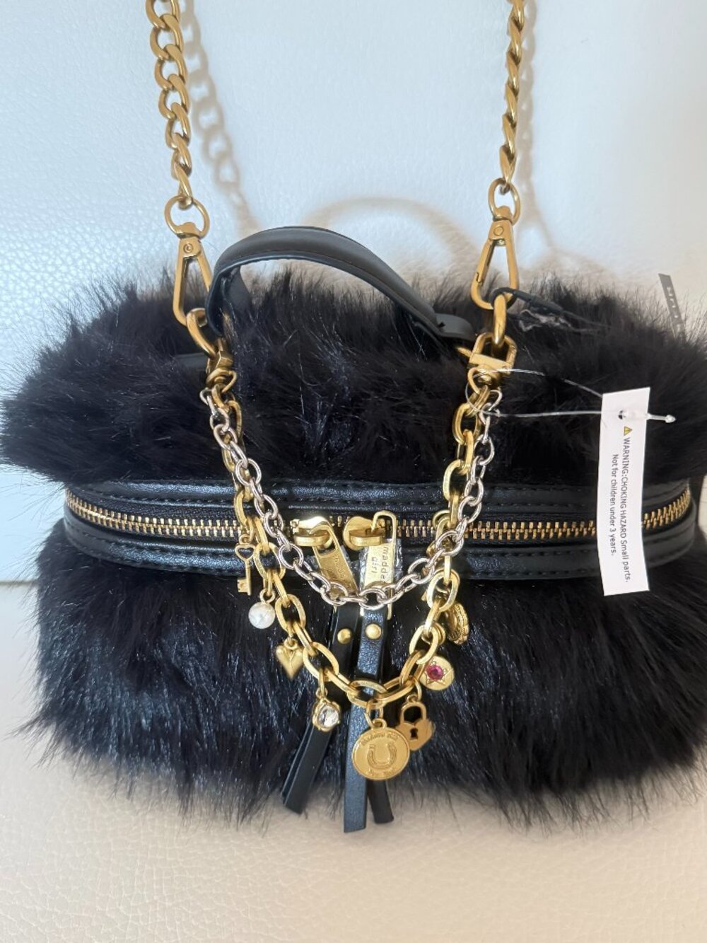 NWT MADDEN GIRL BLACK FAUX FUR VANITY BAG CROSSBODY PURSE W CHAIN CHARMS